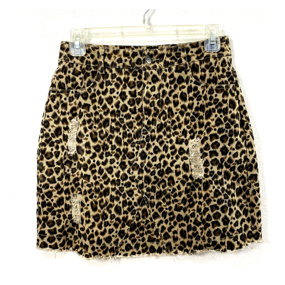 Womens Mini Skirt Size Small Brown Animal Print‎ Denim Distress Raw Hem Festival